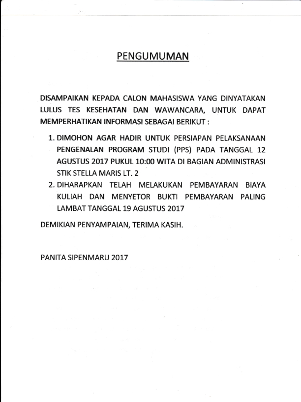 PENGUMUMAN !! BAGI CALON MAHASISWA YANG DINYATAKAN LULUS TES KESEHATAN & WAWANCARA.