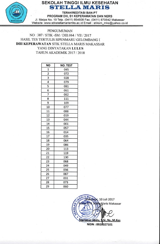 PENGUMUMAN HASIL TEST GELOMBANG PERTAMA (I) D3 11 JULI 2017