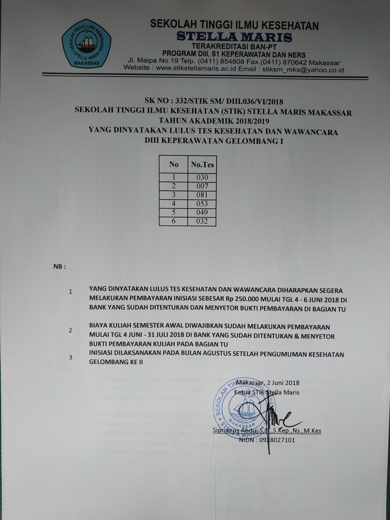 YANG DINYATAKAN LULUS TES KESEHATAN DAN WAWANCARA DIII KEPERAWATAN GELOMBANG I