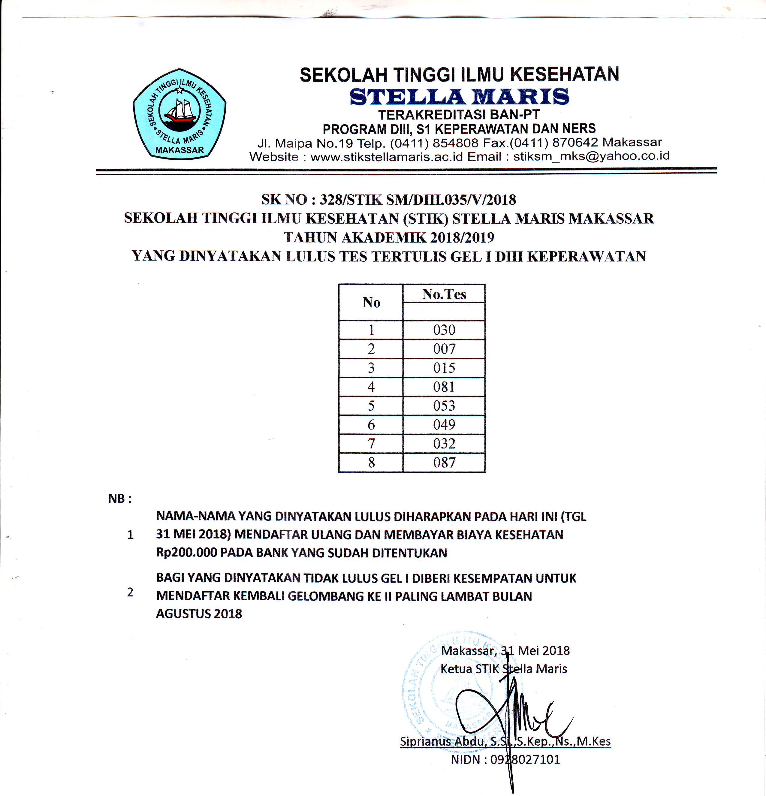 Pengumuman Hasil test TPA Gel.1 DIII Keperawatan STIK STella Maris Makassar